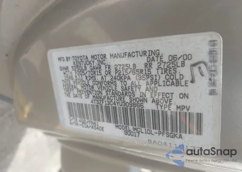 2000 Toyota Sienna Le z USA, uszkodzony, nr VIN 4T3ZF13C4YU309866